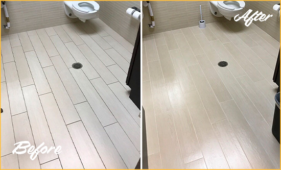 Before and After Picture of a Sarasota Office Restroom's Grout Cleaned to Remove Dirt