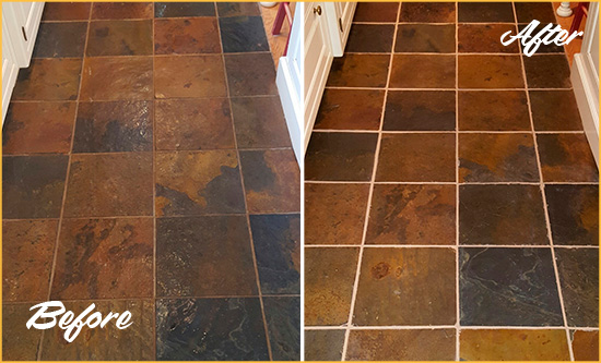 Before and After Picture of Samoset Slate Floor Grout Cleaned to Remove Dirt