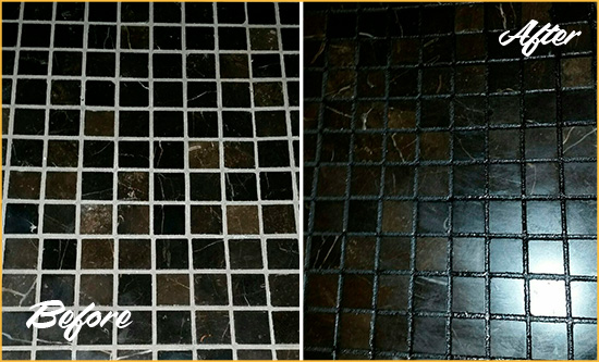 Before and After Picture of a Myakka City Black Floor with Recolored Grout