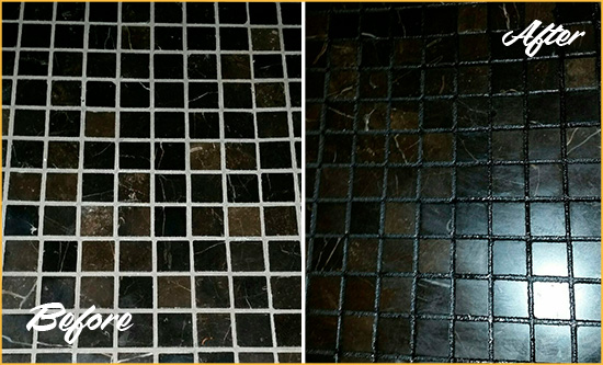 Before and After Picture of a South Venice Black Floor with Recolored Grout