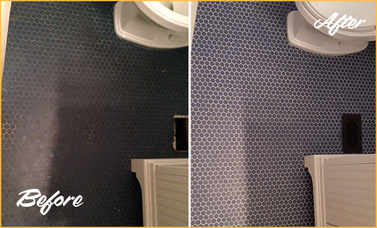 Before and After Picture of a Oneco Blue Tile Floor Recolored Grout