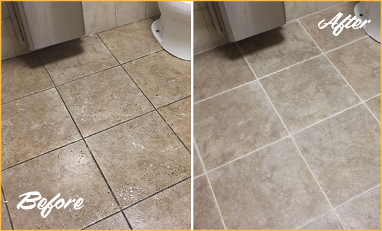 Before and After Picture of a Samoset Office Restroom Floor Recolored Grout