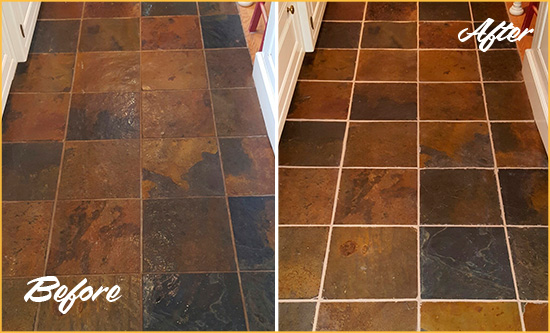 Before and After Picture of a Tallevast Slate Floor Recolored Grout