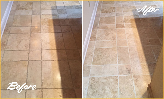 Before and After Picture of a West Samoset Travertine Kitchen Floor Recolored Grout