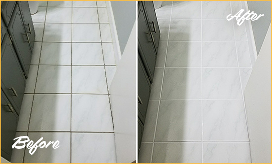 Before and After Picture of a West Samoset Bathroom Floor Grout Sealed to Remove Grime