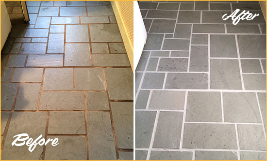 Before and After Picture of Damaged Oneco Slate Floor with Sealed Grout