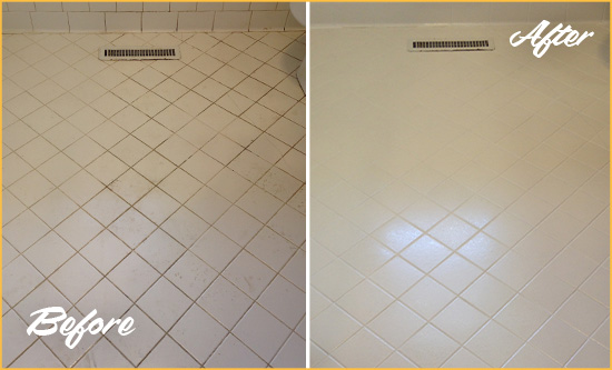 Before and After Picture of a Samoset White Bathroom Floor Grout Sealed for Extra Protection