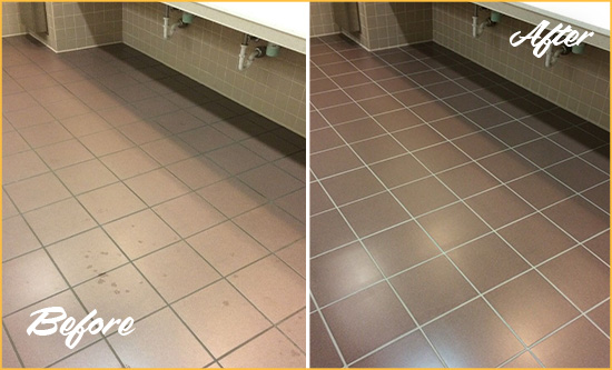 Before and After Picture of Dirty Myakka City Office Restroom with Sealed Grout