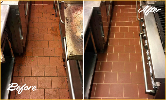 Before and After Picture of a Longboat Key Restaurant Kitchen Floor Grout Sealed to Remove Dirt