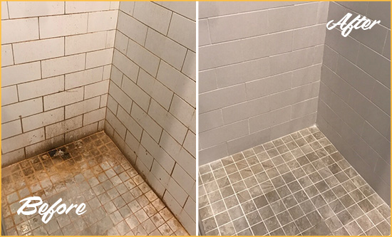 Before and After Picture of a Holmes Beach Shower Grout Sealed to Eliminate Mold