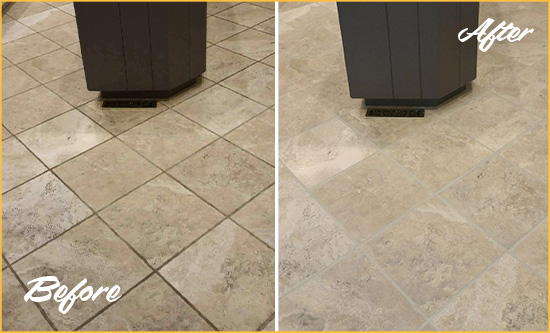 Before and After Picture of a Palmetto Kitchen Floor Grout Sealed to Remove Stains