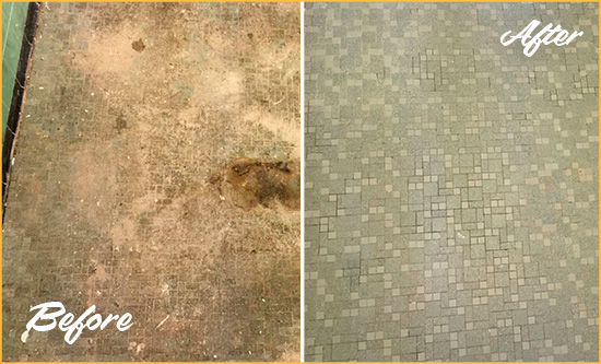 Before and After Picture of a Lakewood Ranch Mosaic Shower Cleaned to Eliminate Embedded Dirt