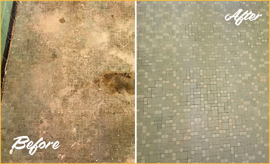 Before and After Picture of a Samoset Mosaic Shower Cleaned to Eliminate Embedded Dirt