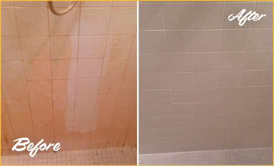 Before and After Picture of a Bradenton Beach Porcelaine Shower Cleaned to Remove Soap Scum