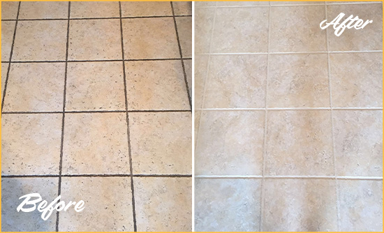 Before and After Picture of a Samoset Ceramic Floor Cleaned to Remove Soil