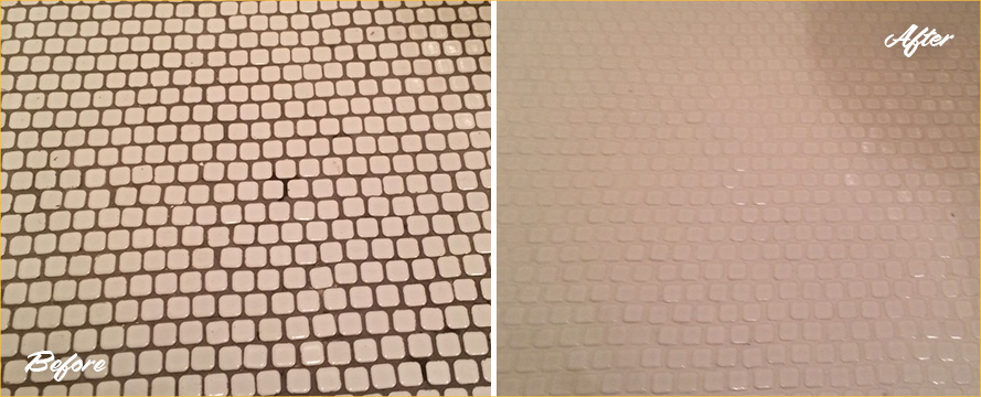 Bathroom Floor Before and After a Grout Sealing in Venice, FL