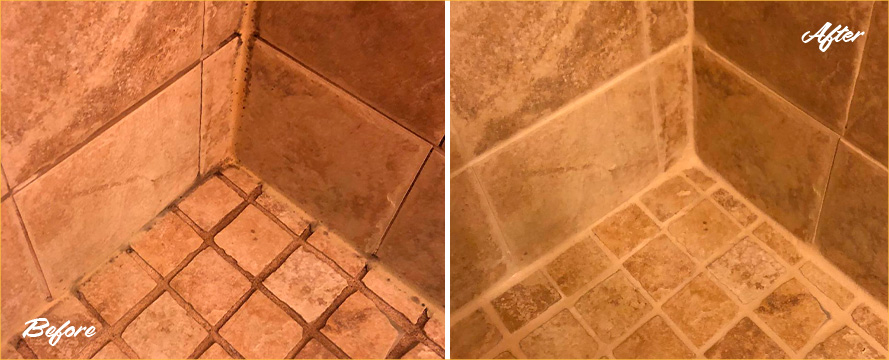 Shower Before and After a Phenomenal Grout Cleaning in Sarasota, FL