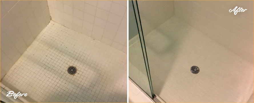 Tile Shower Before and After a Grout Cleaning in Sarasota