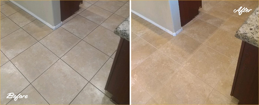 Kitchen Floor Before and After a Grout Cleaning in Sarasota