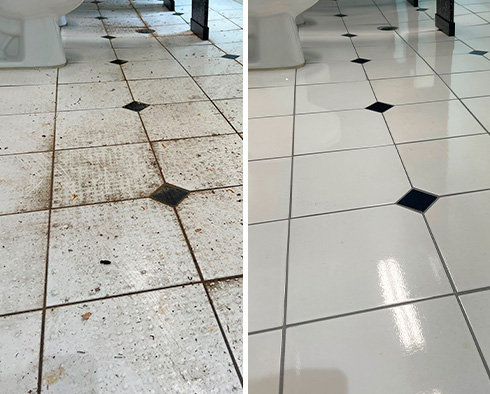 Restroom Floor Before and After a Service from Our Tile and Grout Cleaners in Palmetto