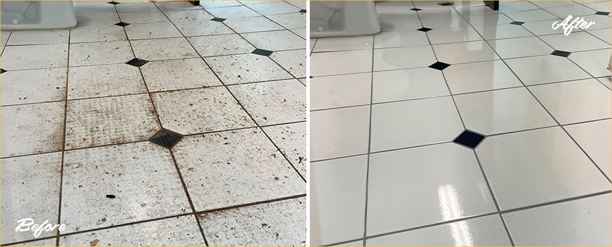 Restroom Floor Before and After a Service from Our Tile and Grout Cleaners in Palmetto