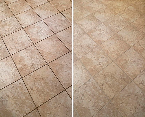 Kitchen Floor Before and After Our Ellenton Grout Cleaning Service